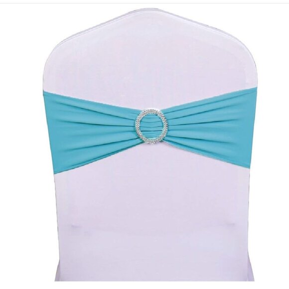 Set of 12 Spandex turquoise chair cover Sashes with White Chair Covers - Picture 1 of 1